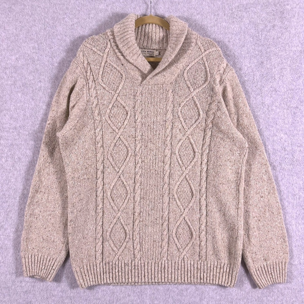 Luca Nobili Mens XL Shawl Collar Cable Knit Wool Blend Sweater Beige Italy